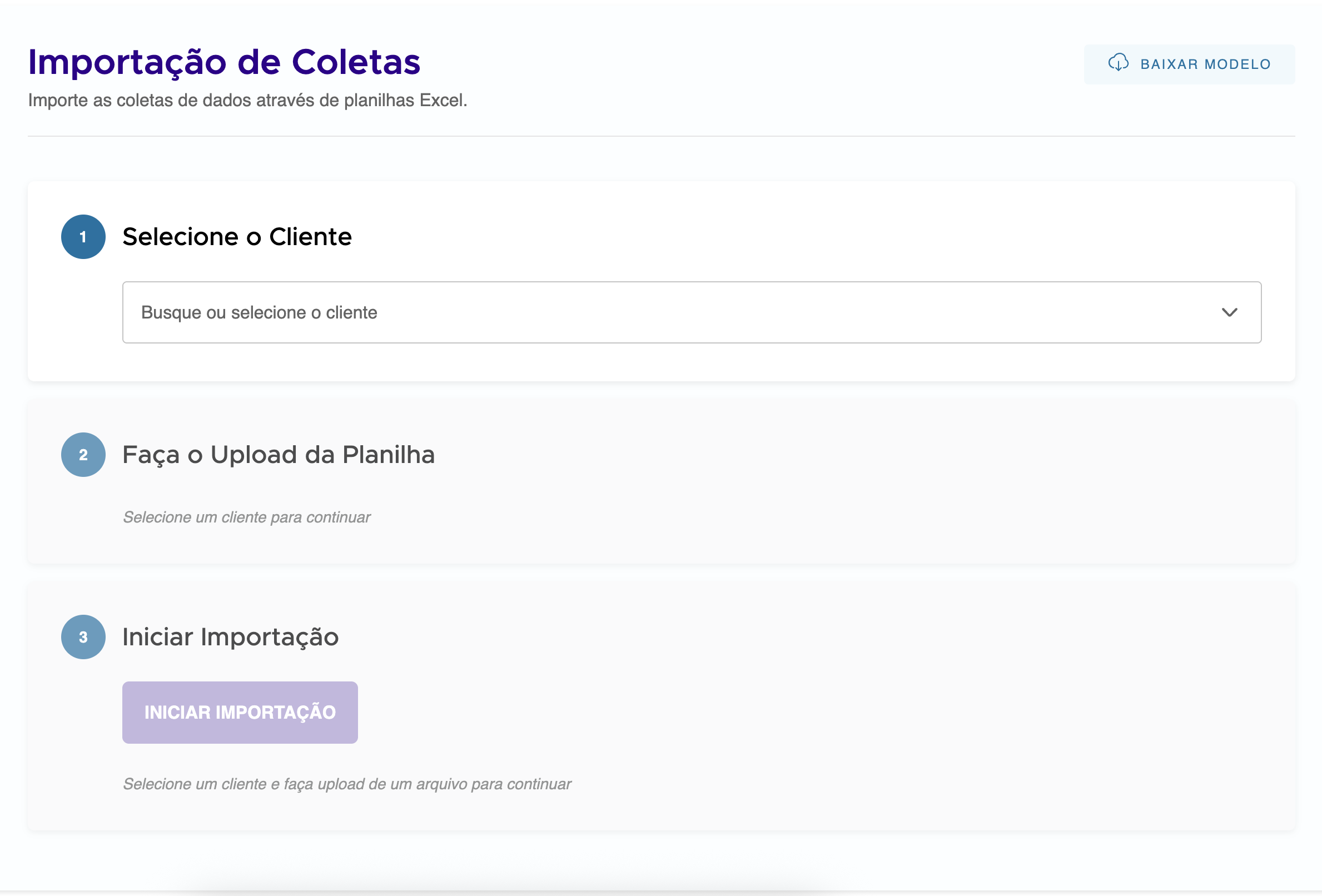 Interface de migração de dados mostrando o processo de importação de planilhas Excel